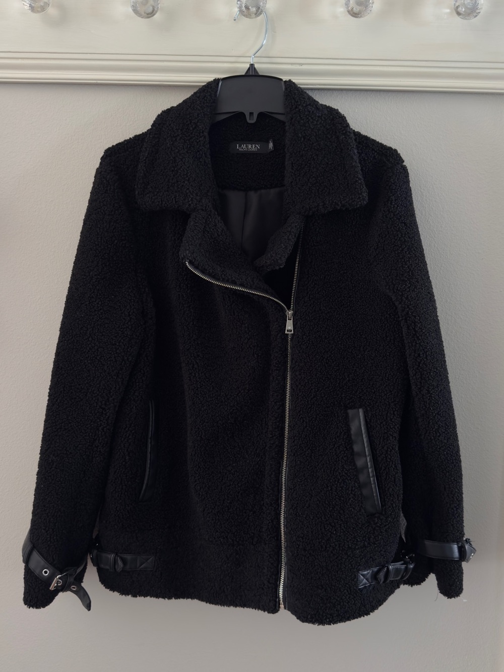 Lauren Ralph Lauren Black Faux Shearling Moto Jacket Size Large. EUC